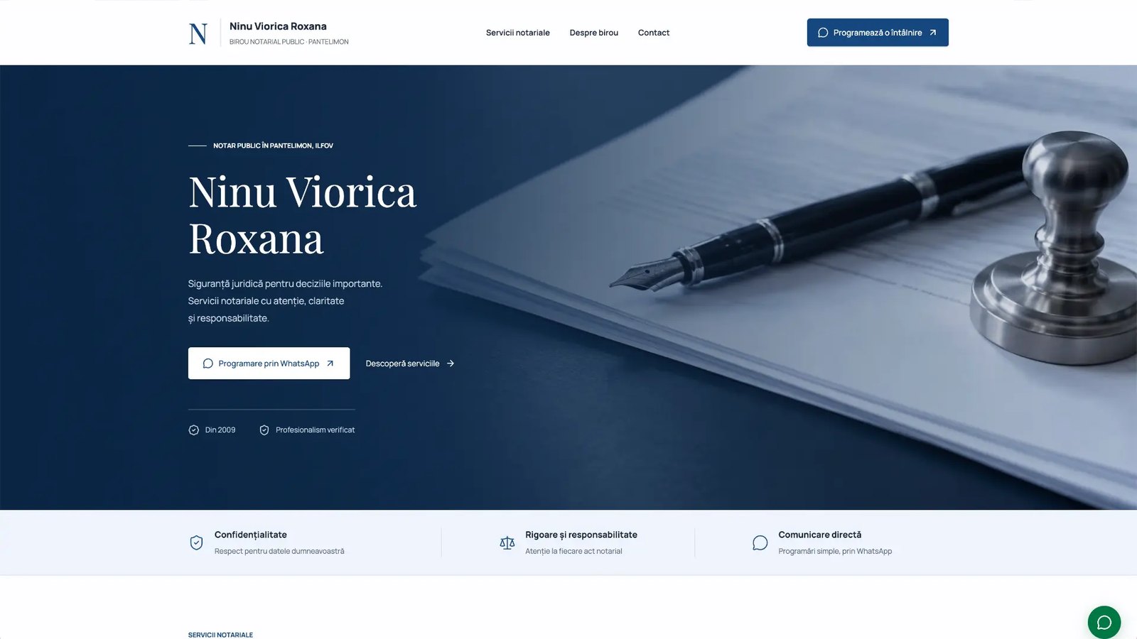 Site-ul biroului notarial Ninu Viorica Roxana din Pantelimon, cu programări prin WhatsApp